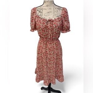 Monteau Los Angeles Red Floral Midi Dress Puff Sleeve Smocked Waist Size M